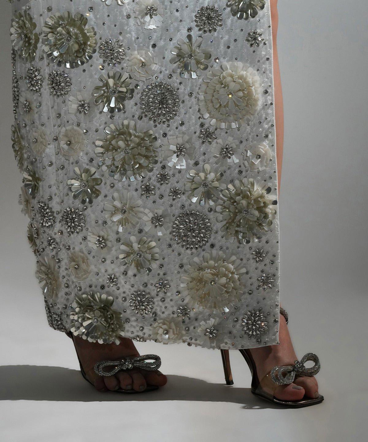 CHARLOTTE  WHITE FLORAL SEQUIN EMBELLISHED  MAXI SKIRT